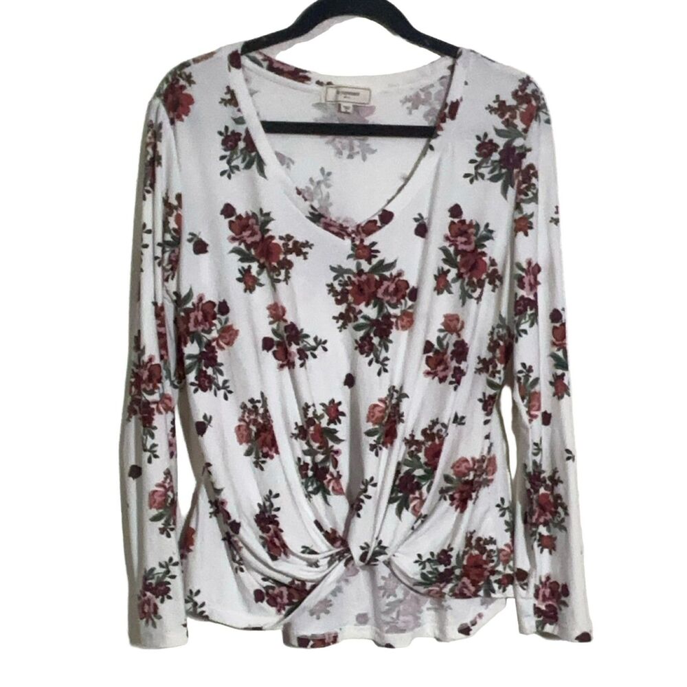 No Comment Floral Long Sleeve Knotted Front Top RK3682H Women's XL White